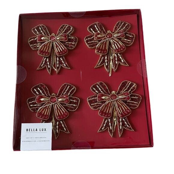 Sugarplum Dreams Beaded Bow Ornaments Set of 4 Holiday Red & Gold Glam New - Picture 9 of 13